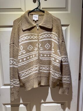 Le Lis Tan and White Fair Isle Zip Cardigan